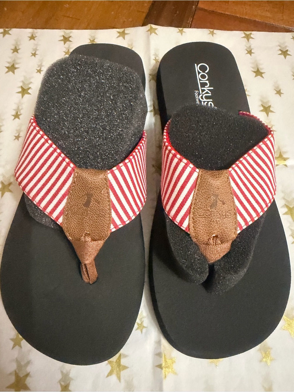 Corkys Women's Flip Flops Sandals Red White Stripe NWOT Size 7